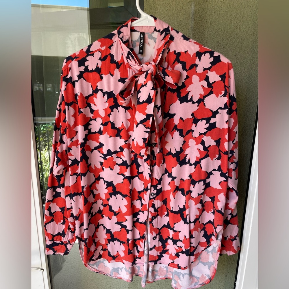 Floral Pink and Red Blouse with Bow Tie